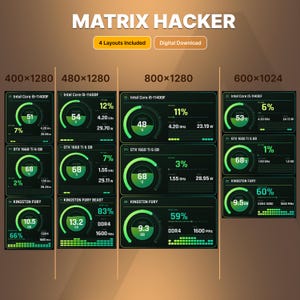 Könnte beinhalten: Ein digitaler Download mit dem Titel MATRIX HACKER, der vier verschiedene Layouts zur Überwachung von Computerhardware mit Auflösungen von 400x1280, 480x1280, 800x1280 und 600x1024 enthält. Jedes Layout zeigt grüne kreisförmige Anzeigen.