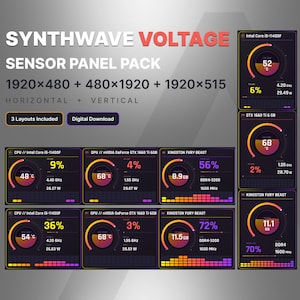 AIDA64 Sensorpanelpaket 1920x480, 1920x515 och 480x1920 - Synthwave Voltage HUD