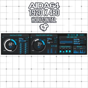 May include: AIDA64 software interface showing system data, including CPU and GPU usage, temperatures, and clock speeds. The text "1920 X 480 HORIZONTAL" is displayed at the top. The interface also shows network and cooling system data.