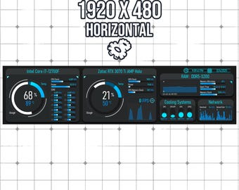 May include: AIDA64 software interface displaying system information. The interface shows CPU and GPU usage, temperatures, and clock speeds. The text "1920 X 480 HORIZONTAL" is displayed at the top. The interface also shows network and cooling system data.