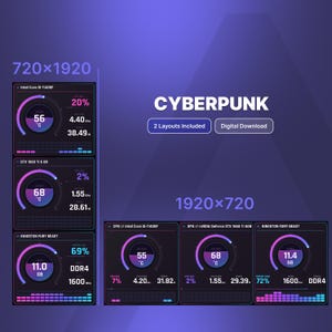 以下が含まれることがあります： CYBERPUNKと題されたデジタルダッシュボードで、720x1920と1920x720の2つのレイアウトが含まれています。インターフェースには、Intel Core i5-11400F CPU、NVIDIA GeForce GTX 1660 Ti 6GB GPU、Kingston Fury Beastメモリなどのシステムメトリクスが円形のゲージで表示されています。