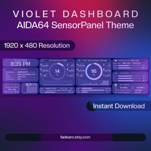 Könnte beinhalten: Ein violettes AIDA64 SensorPanel-Theme mit einer Auflösung von 1920 x 480. Das Bild zeigt Systeminformationen, einschließlich CPU- und GPU-Auslastung, RAM-Geschwindigkeit und Netzwerkaktivität. Der Text "Instant Download" ist sichtbar.