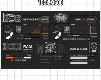 AIDA64 Sensor Panel Skin 1024x600 | Dark Depth HUD | 3D Embossed Style | PC Stats Monitor