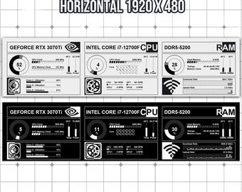 AIDA64 Sensor Panel Skin 1920x480 | Black & White HUD | 2 Color Pack | Minimalist Light and Dark Theme
