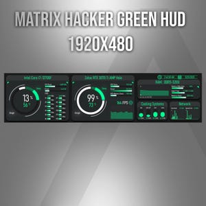May include: A digital dashboard display titled MATRIX HACKER GREEN HUD 1920X480 featuring real-time system monitoring metrics. The interface shows Intel Core i7-12700F and Zotac RTX 3070 Ti AMP Holo data, including CPU usage, GPU load, RAM, and network activity.