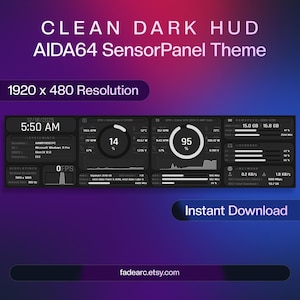 May include: A dark-themed AIDA64 SensorPanel theme with a 1920 x 480 resolution. The display shows system information, including CPU and RAM usage, network activity, and time. The text "Instant Download" is visible.