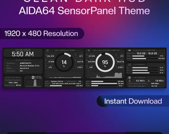 May include: A digital AIDA64 SensorPanel theme titled CLEAN DARK HUD with a 1920 x 480 resolution. The interface displays system metrics including time, CPU and GPU usage, RAM speed, storage, and network data in a dark, monochromatic layout.
