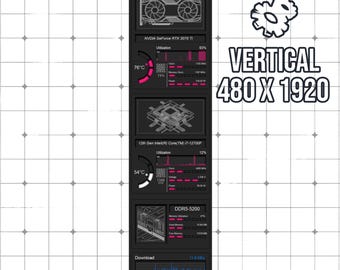 AIDA64 Sensor Panel Skin 480x1920 (Vertical) | Dark Wireframe HUD | Minimalist PC Dashboard | System Monitor