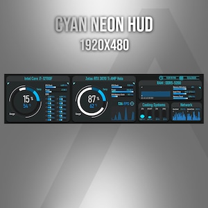 May include: A digital dashboard display titled Cyan Neon HUD 1920x480 featuring system monitoring metrics. The interface shows Intel Core i7-12700F and Zotac RTX 3070 Ti AMP Holo statistics, including usage percentages, temperatures, and clock speeds.