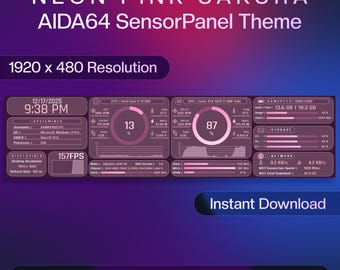 May include: A digital AIDA64 SensorPanel theme titled Neon Pink Sakura with a 1920 x 480 resolution. The interface displays system information, including CPU and GPU usage, RAM speed, storage, and network data in a pink and dark purple color scheme.