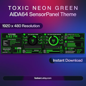 Puede incluir: Una pantalla digital con un tema verde neón, con el texto "TOXIC NEON GREEN AIDA64 SensorPanel Theme" y "1920 x 480 Resolution". La pantalla muestra información del sistema, incluyendo el uso de CPU, GPU y RAM, con un fondo oscuro.