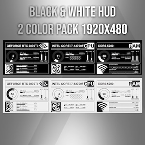 May include: A digital HUD display pack featuring two color variations, black and white, with a 1920x480 resolution. The interface displays system metrics for GeForce RTX 3070Ti, Intel Core i7-12700F, and DDR5-5200 RAM, including clock speeds, temperatures, and drive utilization.