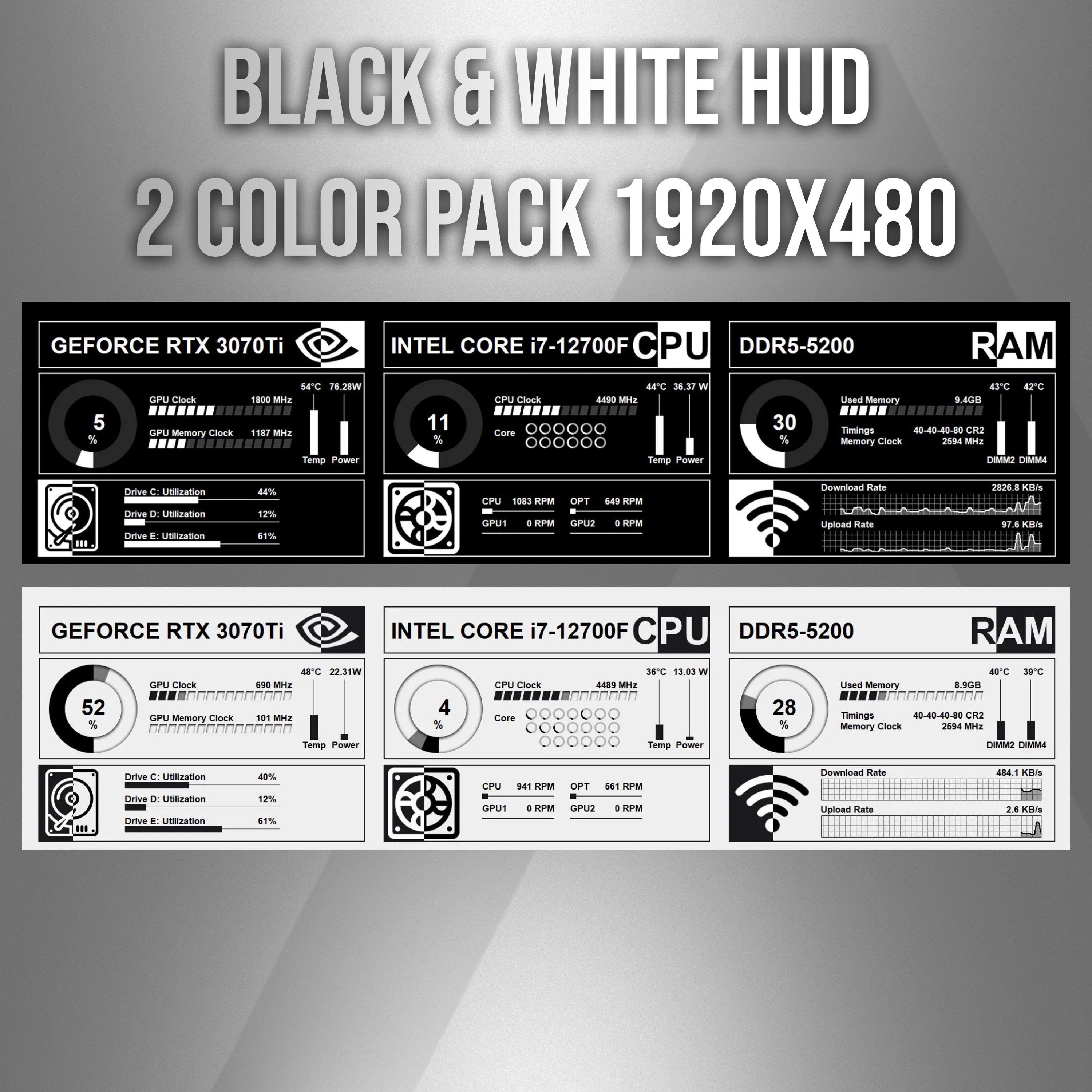 sudaisjoachimページ AIDA64 Sensor Panel Skin 1920x480 | Black & White HUD | 2 Color