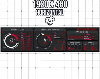 May include: A black and red computer performance monitoring interface with the text "AIDA64 1920 X 480 HORIZONTAL." The interface displays CPU and GPU usage, temperature, and clock speeds. The interface also shows RAM usage and network data.