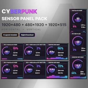 May include: A digital sensor panel pack featuring Cyberpunk-themed system monitoring layouts. The display shows CPU, GPU, and memory statistics with circular gauges, percentage indicators, and frequency data in purple and blue neon color schemes.