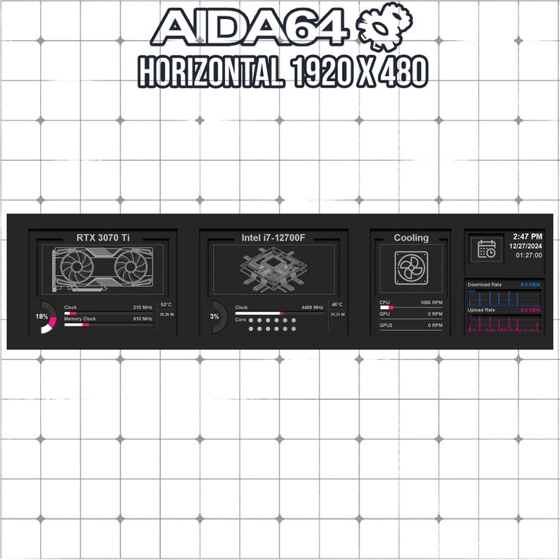 AIDA64 Sensor Panel Skin 1920x480 | Dark Wireframe HUD | Minimalist PC ...