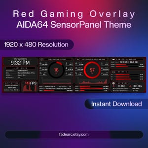 以下が含まれることがあります： 1920 x 480 解像度の、AIDA64 SensorPanel 用の赤と黒のゲーミングオーバーレイテーマ。 CPU、GPU、RAM、ネットワークデータなど、システム情報を表示します。 「Instant Download」の文字も表示されています。