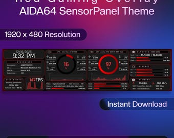 May include: A digital red gaming overlay AIDA64 SensorPanel theme with a 1920 x 480 resolution. The interface displays system information including CPU and GPU usage, RAM speed, storage, network statistics, and frame rates in a dark red layout.