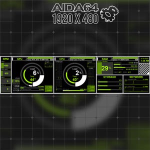 Könnte beinhalten: AIDA64 Systemüberwachungsoberfläche mit einem Schwarz-Grün-Farbschema. Zeigt Echtzeitdaten zur CPU-, GPU-, RAM-, Speicher- und Netzwerkauslastung an. Der Text "1920 X 480" wird oben angezeigt. Das Bild zeigt Datum und Uhrzeit.