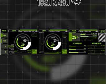 May include: AIDA64 system monitoring interface with a black and green color scheme. Displays real-time data on CPU, GPU, RAM, storage, and network usage. The text "1920 X 480" is displayed at the top. The image shows the date and time.