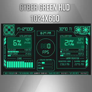 May include: A digital dashboard display titled CYBER GREEN HUD 1024X600 featuring neon green text and graphics on a black background. It displays real-time system metrics including CPU i7-12700F, GPU 3070 TI, utilisation percentages, temperatures, clock speeds, power usage, FPS, and cooling system status.