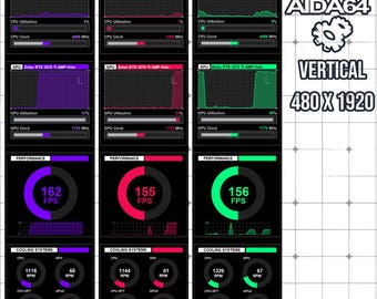 AIDA64 Sensor Panel Skin 480x1920 (Vertical) | Neon Circular Gauges | 3 Color Pack | FPS Performance Dashboard