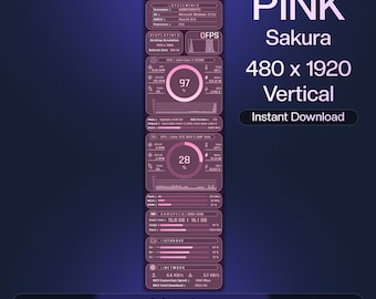 May include: A vertical pink digital display with the text "PINK Sakura 480 x 1920 Vertical Instant Download." The display shows system information, including CPU and GPU usage, RAM speed, storage, and network data. The time is displayed as 3:29 AM.