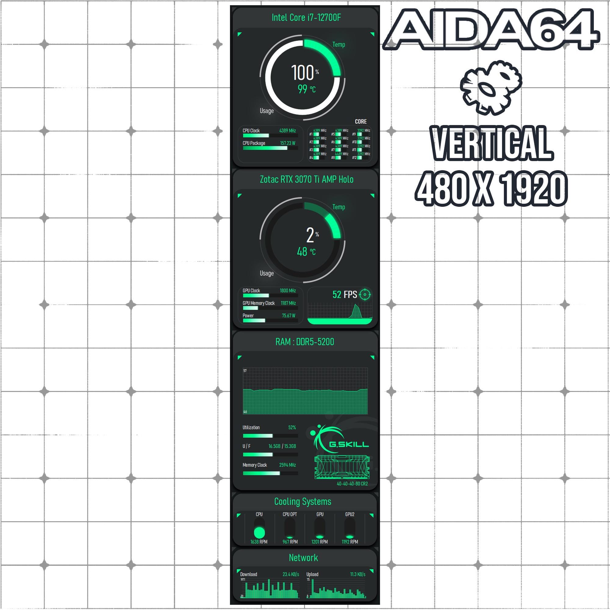 Wadaページ AIDA64 Sensor Panel Template | Minimalist Design 480x1920 Vertical