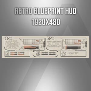 May include: A digital graphic display labeled RETRO BLUEPRINT HUD 1920X480 featuring a technical interface with CPU and GPU monitoring panels. The design includes line graphs, bar charts, and hardware icons in a beige and dark brown color scheme.
