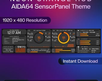 May include: A digital Neon Orange HUD AIDA64 SensorPanel theme with a 1920 x 480 resolution. The interface displays system information including CPU and GPU usage, RAM speed, storage, network activity, and frame rates in a dark gray layout.