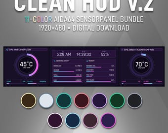 May include: A digital AIDA64 sensor panel bundle titled CLEAN HUD v.2, 1920x480 resolution. The interface displays CPU and GPU temperatures, network activity, and memory usage in a dark theme. Eleven circular color swatches are shown below.