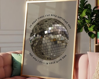 Plakat ścienny z motywem srebrnej kuli dyskotekowej | Kolorowy, zabawny i uroczy prezent urodzinowy z Ibizy, wyjątkowy plakat z muzyką house i muzyką disco