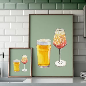 ビールとアペロール スプリッツ グリーン プリント - カクテル アルコール カップル A3 A4 A5 物理プリント カラフルなキッチン アート ポスター