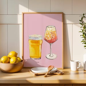 ビールとアペロール スプリッツ ピンク プリント - カクテル アルコール カップル A3 A4 A5 物理プリント カラフル キッチン アート ポスター