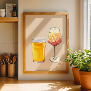 ビールとアペロール スプリッツ ベージュ プリント - カクテル アルコール カップル A3 A4 A5 物理プリント カラフル キッチン アート ポスター