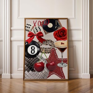 Disco Cherries Collage Red Print | Bar Cart Art | Plakaty do pokojów w akademiku | Ibiza Festival Disco Prints | Wydruki fizyczne | Odważne, funky plakaty