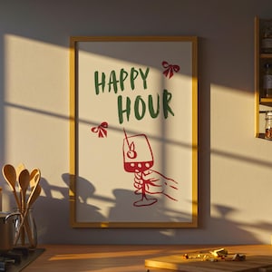 Stampa Happy Hour / Poster tipografico / Tipografico / Trendy / Grafica da cucina / Arte per carrelli bar / Bevande / Decorazione da parete / Regalo / Estetico