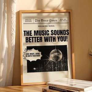Muzyka brzmi lepiej z Tobą Wydruk z gazety | Plakat z muzyką house | Wydruk z disco | Sztuka na wózku barowym | Typograficzny | A2 A1 | Pogrubiony