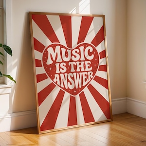Muzyka jest odpowiedzią Retro wydruk ścienny | Plakat z tekstem piosenki | Sztuka muzyki Funky House | Fizyczny wydruk typograficzny | Sztuka wózka barowego | Prezent Ibiza Disco