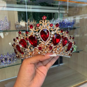 Red Quinceanera Tiara: Gold Zirconia Bridal Crown