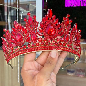 RED  Quinceanera Tiara Crown, Gold, Silver & Rose Gold Bridal Crown, Luxury Zirconia Crown, Hair Accessories, Tiara Crown