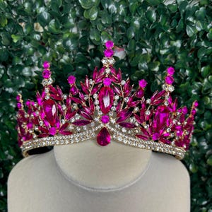 Fuchsia Quinceanera Tiara Crown: Gold Zirconia Bridal Hair Accessory