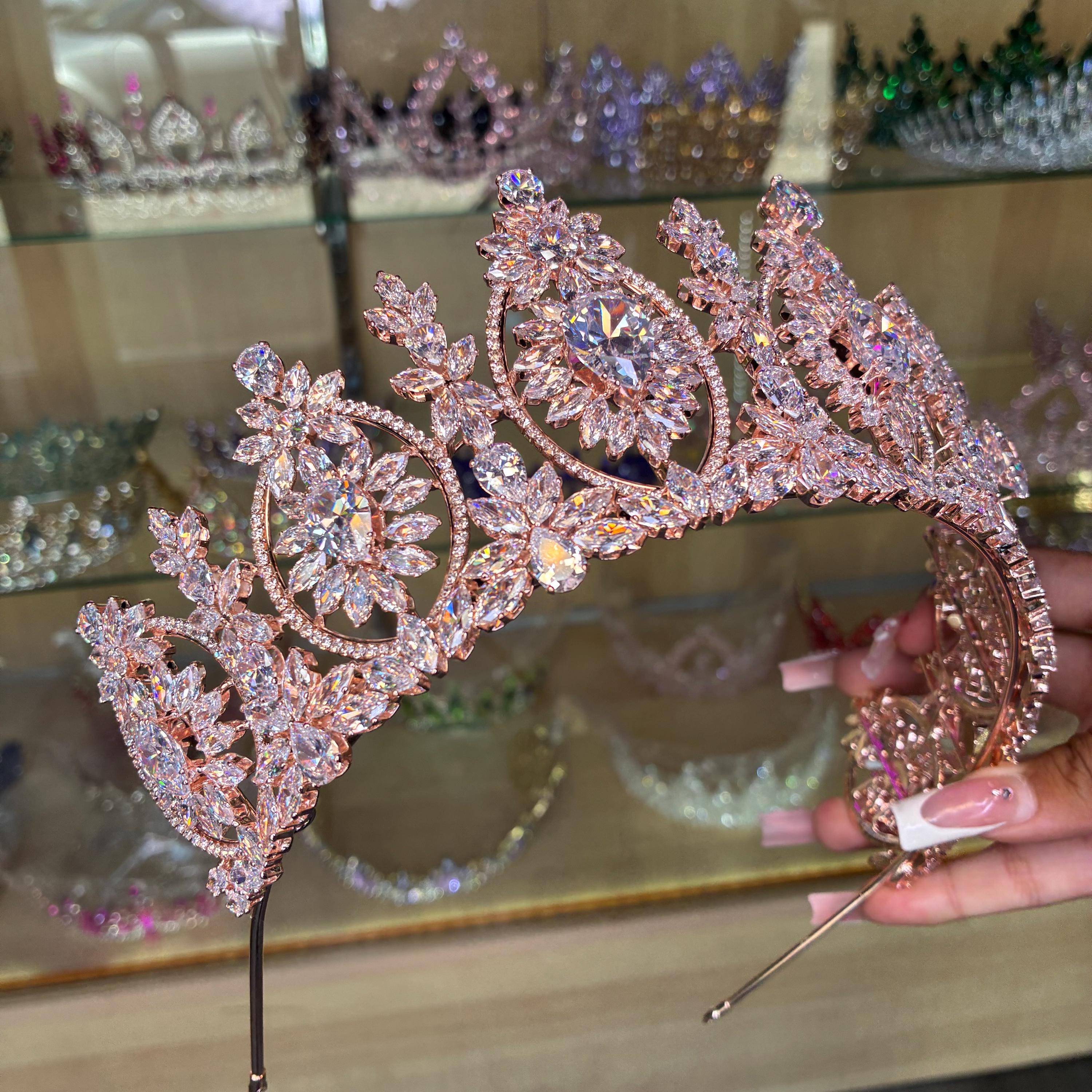 Vintage Rose Gold Rhinestone Bridal Tiara Crown, Quinceañera & Pageant Headpiece SWEETV Vintage Metal Queen Crown for Women - Wedding Tiara  main image 3