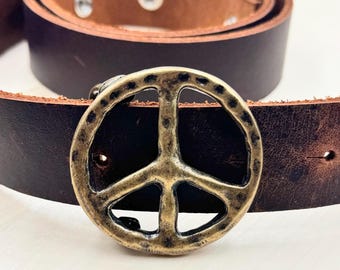Hebilla de cinturón con símbolo de la paz de bronce antiguo: cinturones de cuero de 40 mm