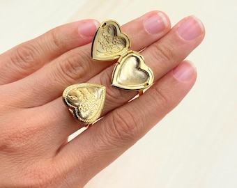 Gold Heart Locket Ring: Personalized Hidden Photo Keepsake