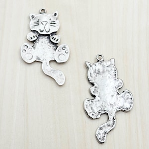 4 Antique Silver Cat Charms: Zinc Alloy Pendants (2.40 inch)