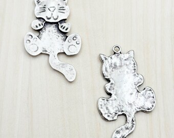 4 Antique Silver Cat Charms: Zinc Alloy Pendants (2.40 inch)