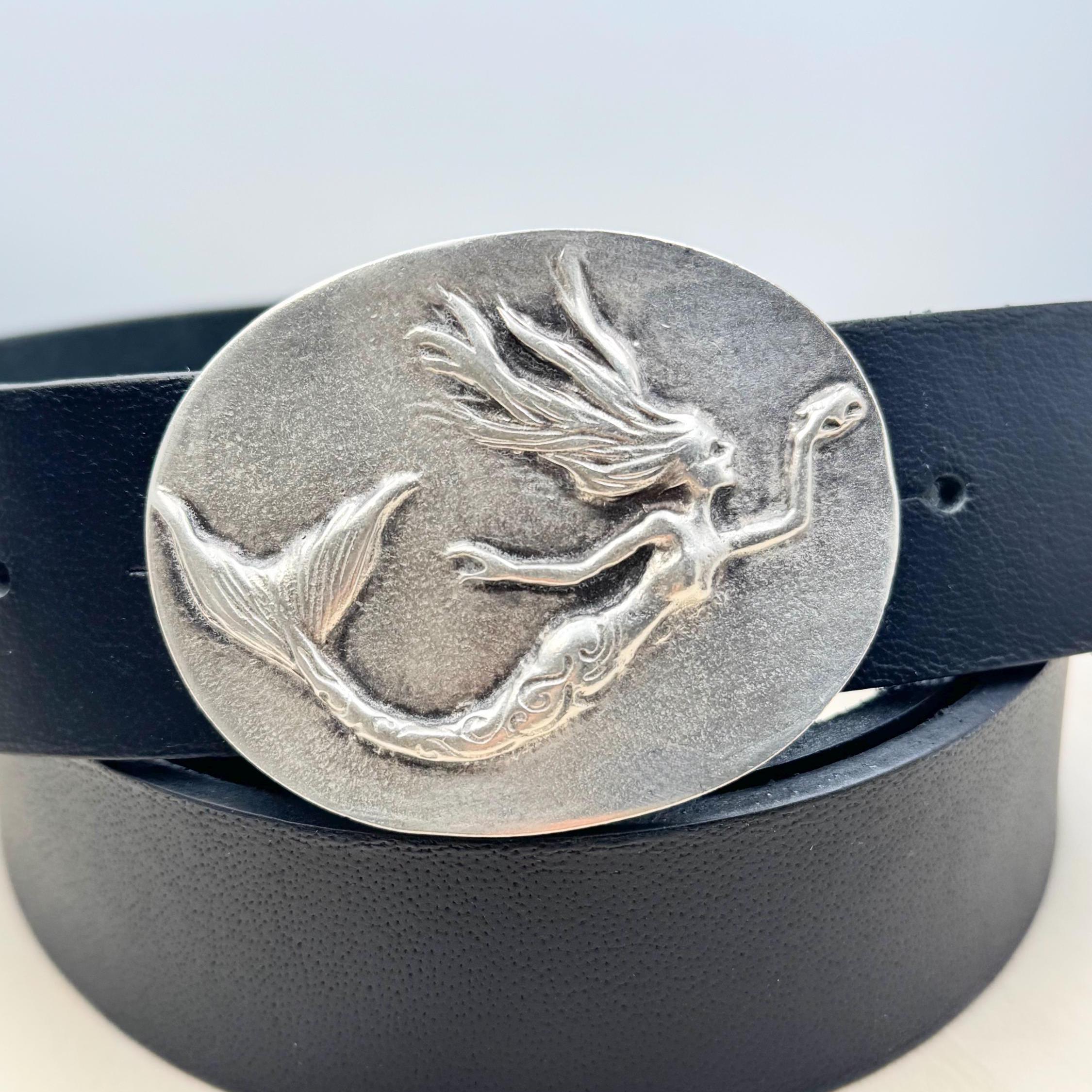 Mermaid Belt Buckle: Antique Silver Oval, Ocean Theme (fits  display picture 1