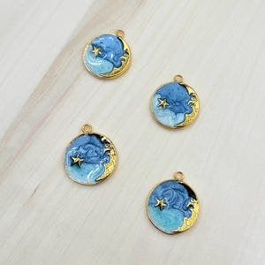 Gold Plated Moon and Star Charms: Blue Enamel Pendants