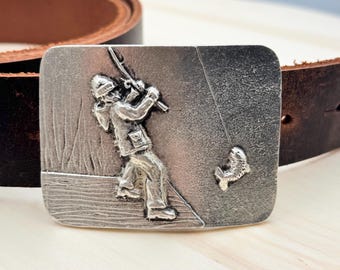 Antique Silver Fishing Belt Buckle: Angler Gift